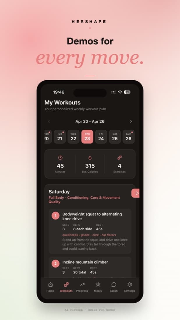 HerShape — Personalised fitness & nutrition, generated by AI.