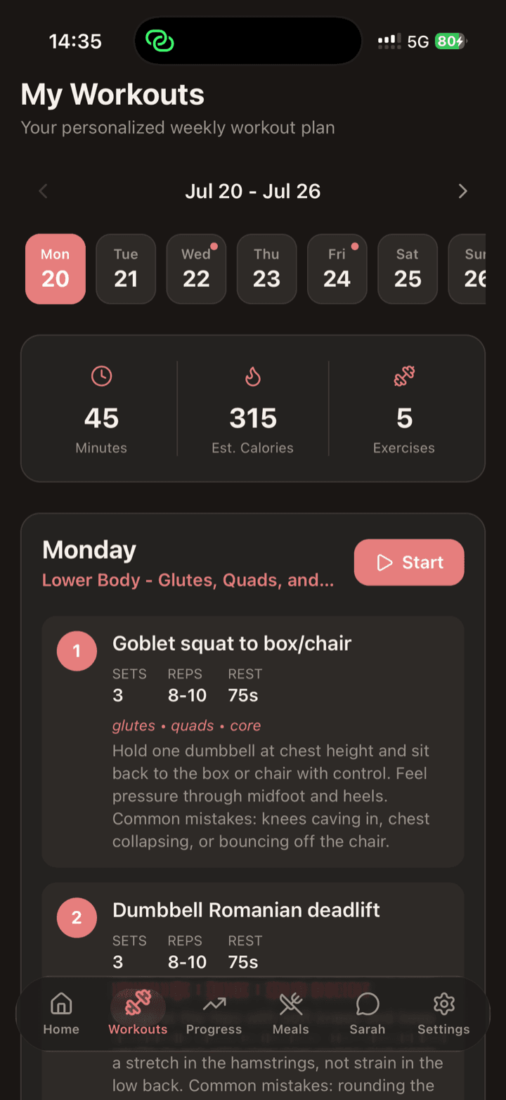 Sets, reps, rest and cues for the equipment she has