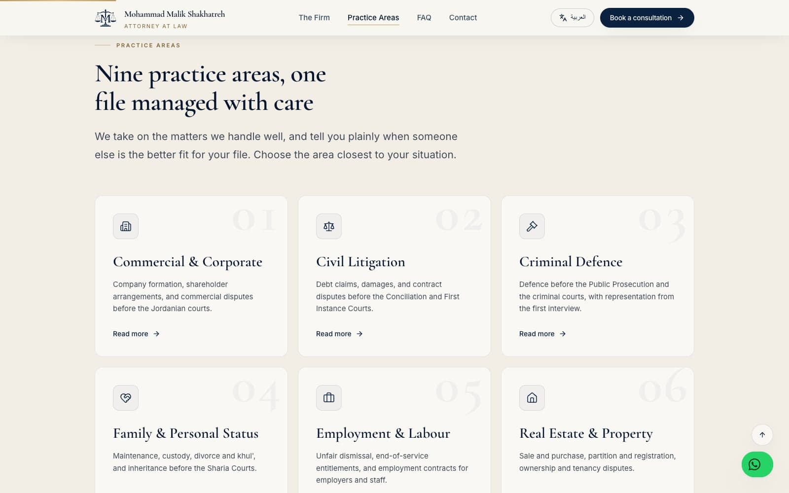 Nine practice areas, each a page of its own